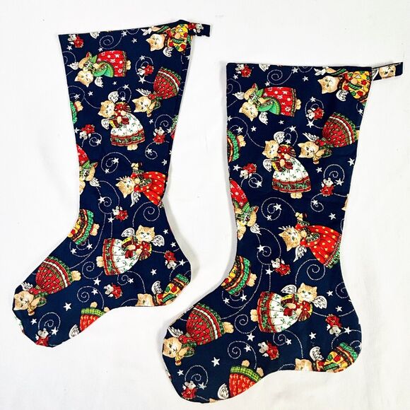 Vtg Handmade Pair of Lined Fabric Christmas Stockings Cat Angels 18” - Picture 1 of 4